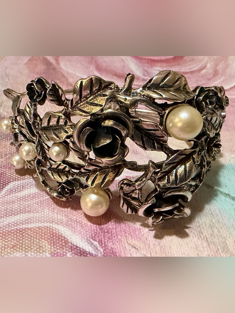 Silver Rose Vine Cuff Bracelet with Pearls